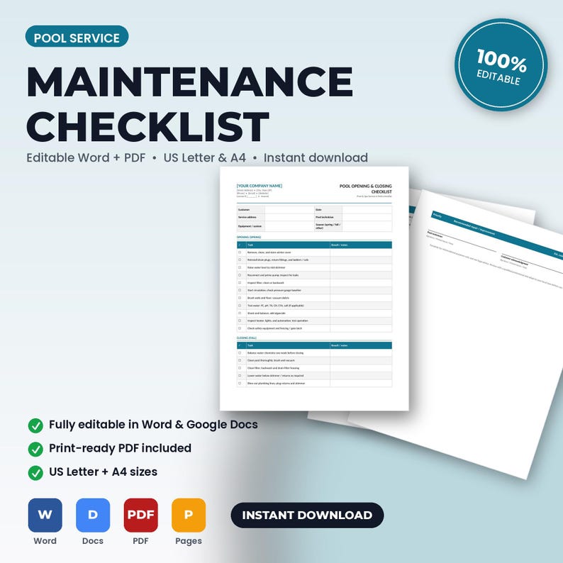 Peut inclure: Une liste de contr&ocirc;le d'entretien de piscine comprenant des sections pour les t&acirc;ches d'ouverture et de fermeture. Le document blanc pr&eacute;sente des en-t&ecirc;tes bleu fonc&eacute;, des champs pour les d&eacute;tails de l'entreprise et du client, et des cases &agrave; cocher.