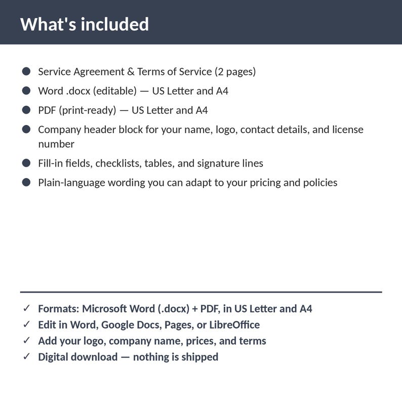 Locksmith Service Agreement & Terms of Service | Editable Word + PDF | US Letter + A4 | Instant Download imagem 2