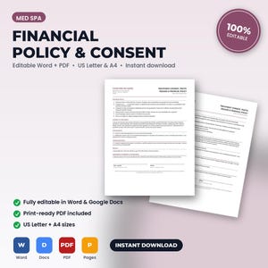 Op de afbeelding: Een digitaal sjabloon voor een Med Spa financieel beleid en toestemmingsformulier, met twee witte documentpagina's met zwarte tekst. De lay-out bevat secties voor behandelingsinstemming, fototoestemming en financieel beleid.