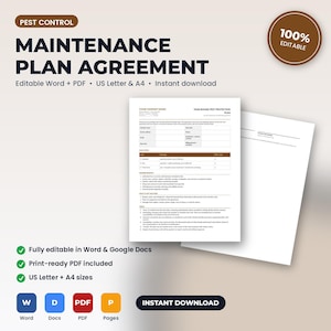 May include: A digital pest control maintenance plan agreement template featuring a white document with black text, including sections for company name, client details, service levels, and terms. The document is presented in A4 paper size.
