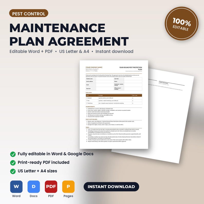 May include: A digital pest control maintenance plan agreement template featuring a white document with black text, including sections for company name, client details, service levels, and terms. The document is presented in A4 paper size.