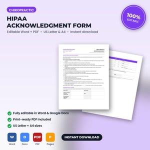 Może przedstawiać: Szablon formularza potwierdzenia HIPAA dla kręgarzy w formatach Word i PDF. Dokument zawiera podsumowanie praktyk dotyczących prywatności oraz sekcję potwierdzenia odbioru z polami na imię i nazwisko pacjenta oraz datę urodzenia.