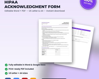 Chiropractic Office HIPAA Notice of Privacy Practices Acknowledgment & Communication Consent | Editable Word + PDF | Instant Download