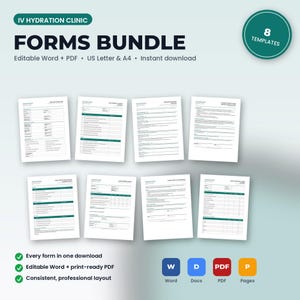 IV Hydration Clinic Forms Bundle | 8 Editable Templates: Intake, Consent, Policies, Checklists, Scripts, SOP | Word + PDF imagen 1