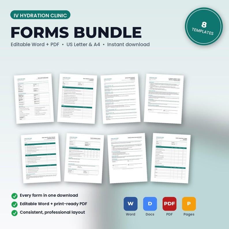 IV Hydration Clinic Forms Bundle | 8 Editable Templates: Intake, Consent, Policies, Checklists, Scripts, SOP | Word + PDF imagen 1