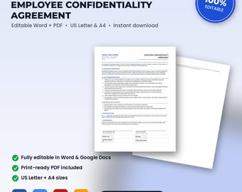 Physical Therapy Employee Confidentiality & HIPAA Agreement | Editable Word + PDF | US Letter + A4 | Instant Download