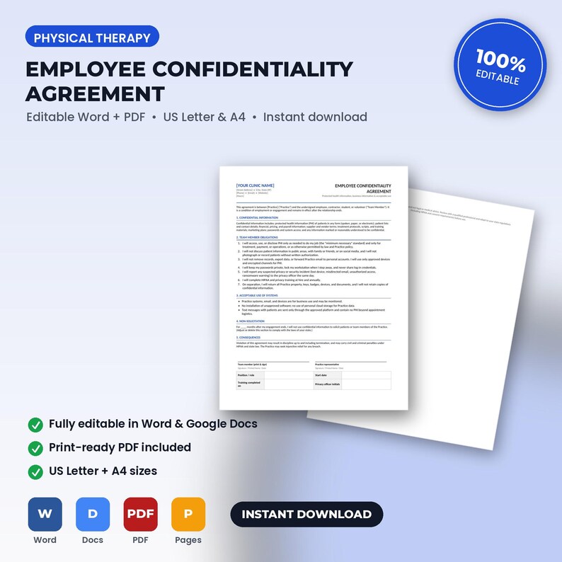 Puede incluir: Una plantilla de documento de acuerdo de confidencialidad para empleados de fisioterapia. El texto incluye secciones sobre informaci&oacute;n confidencial, obligaciones y firmas. Disponible en tama&ntilde;o A4, editable en Word y Google Docs.