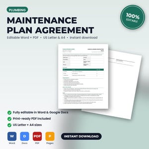 Puede incluir: Una plantilla digital de contrato de plan de mantenimiento de fontaner&iacute;a que muestra un documento blanco con texto negro, incluyendo secciones para detalles del cliente, niveles de plan y t&eacute;rminos. Editable en formato Word y PDF, tama&ntilde;o A4.