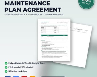 Plumbing Maintenance Plan Membership Agreement | Editable Word + PDF | US Letter + A4 | Instant Download