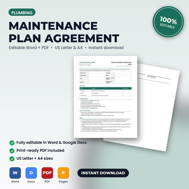 Puede incluir: Una plantilla digital de contrato de plan de mantenimiento de fontaner&iacute;a que muestra un documento blanco con texto negro, incluyendo secciones para detalles del cliente, niveles de plan y t&eacute;rminos. Editable en formato Word y PDF, tama&ntilde;o A4.