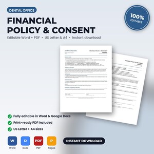Op de afbeelding: Een sjabloon voor een financieel beleid en behandelingsformulier voor een tandartspraktijk. Het document bevat zwarte tekst op een witte achtergrond met secties voor de praktijknaam, het financieel beleid en regels voor handtekeningen.