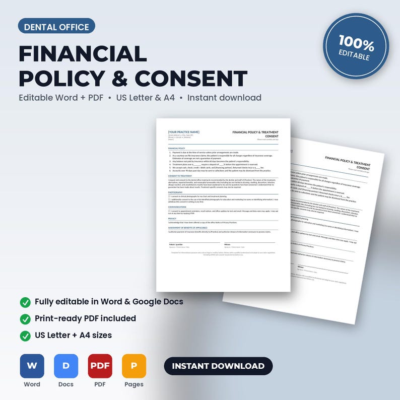 Op de afbeelding: Een sjabloon voor een financieel beleid en behandelingsformulier voor een tandartspraktijk. Het document bevat zwarte tekst op een witte achtergrond met secties voor de praktijknaam, het financieel beleid en regels voor handtekeningen.