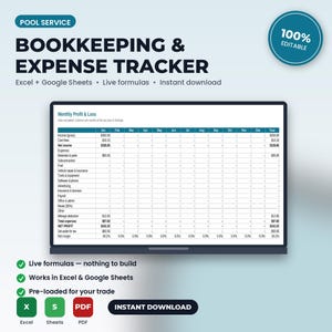 Pool Service Bookkeeping, Expense & Mileage Tracker Spreadsheet | Excel + Google Sheets | Instant Download image 1