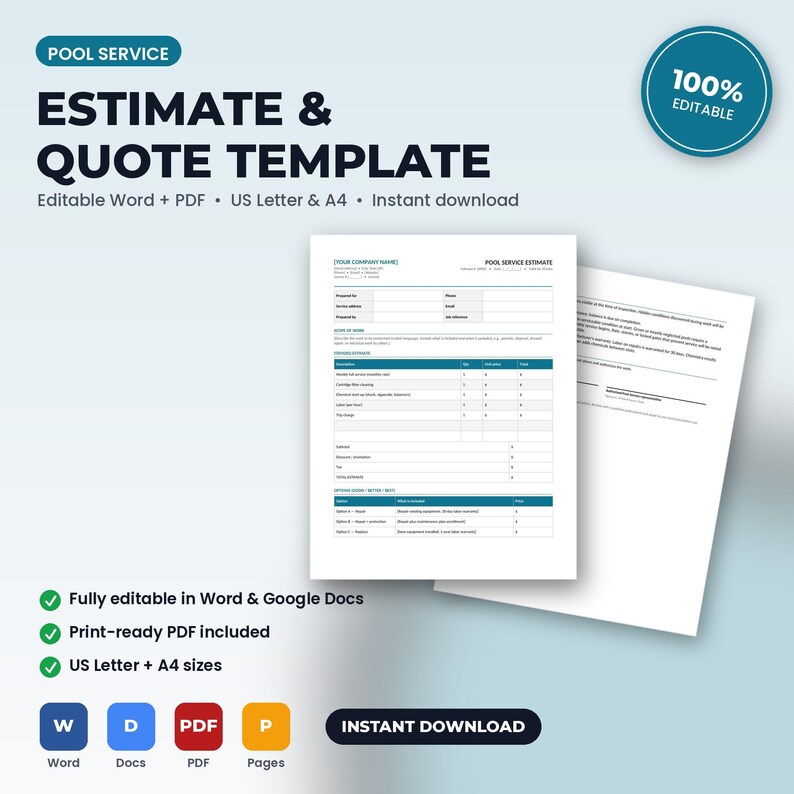 K&ouml;nnte beinhalten: Eine digitale Vorlage f&uuml;r Kostenvoranschl&auml;ge und Angebote f&uuml;r Poolservices mit einem &uuml;bersichtlichen Layout, das Abschnitte f&uuml;r Firmendaten, Leistungsbeschreibungen, Preise und Gesch&auml;ftsbedingungen enth&auml;lt.