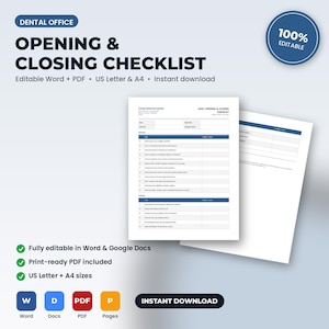 May include: A digital dental office opening and closing checklist template. The document features sections for daily tasks, including columns for task descriptions and checkmarks. It is formatted for US Letter size and is fully editable in Word and PDF.