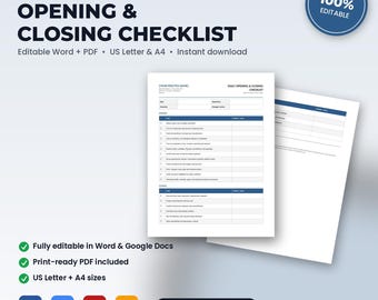 Lista de verificação diária de abertura e fechamento do consultório odontológico | Word + PDF editáveis ​​| Formato Carta (EUA) + A4 | Download imediato