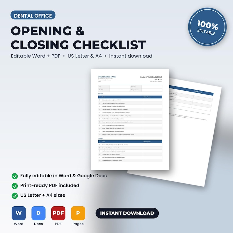 May include: A digital dental office opening and closing checklist template. The document features sections for daily tasks, including columns for task descriptions and checkmarks. It is formatted for US Letter size and is fully editable in Word and PDF.