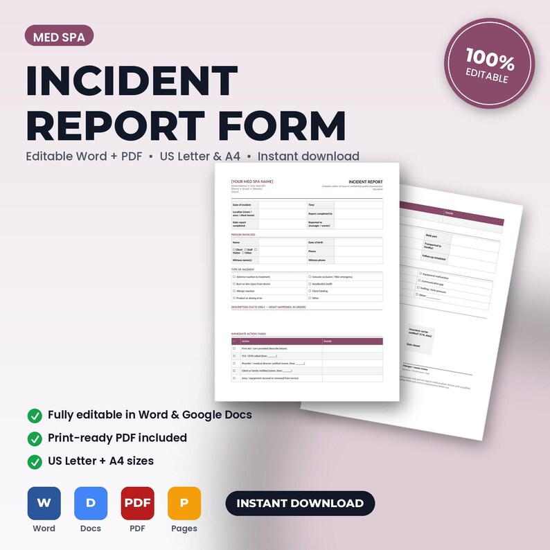 Med Spa Incident & Adverse Event Report Form | Editable Word + PDF | US Letter + A4 | Instant Download Bild 1