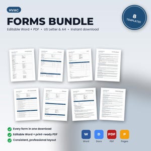 Op de afbeelding: Een HVAC-formulierenbundel met 8 sjablonen in Word- en PDF-indeling voor US Letter- en A4-formaten. De digitale documentenset bevat professionele lay-outs met blauwe koppen en tekstvelden voor gegevensinvoer, beschikbaar als download.
