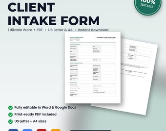 Plumbing Client Intake & Property Information Form | Editable Word + PDF | US Letter + A4 | Instant Download