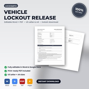Locksmith Vehicle Lockout & Key Programming Release | Editable Word + PDF | US Letter + A4 | Instant Download