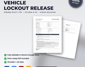 Locksmith Vehicle Lockout & Key Programming Release | Editable Word + PDF | US Letter + A4 | Instant Download