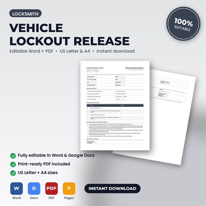 Locksmith Vehicle Lockout & Key Programming Release | Editable Word + PDF | US Letter + A4 | Instant Download zdjęcie 1