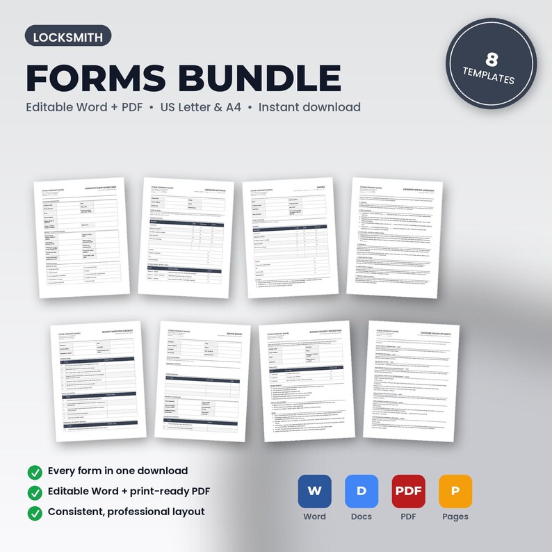 Locksmith Business Forms Bundle | 8 Editable Templates: Intake, Estimate, Invoice, Agreement, Checklists, Scripts | Word + PDF Bild 1