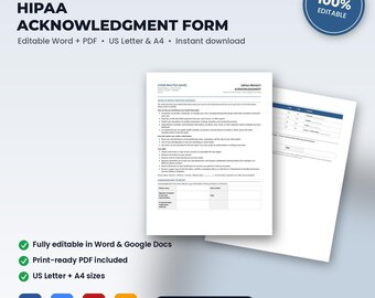 Dental Office HIPAA Notice of Privacy Practices Acknowledgment & Communication Consent | Editable Word + PDF | Instant Download
