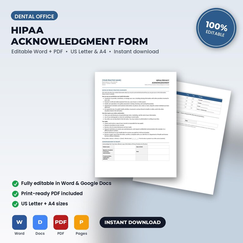 Dental Office HIPAA Notice of Privacy Practices Acknowledgment & Communication Consent | Editable Word + PDF | Instant Download image 1