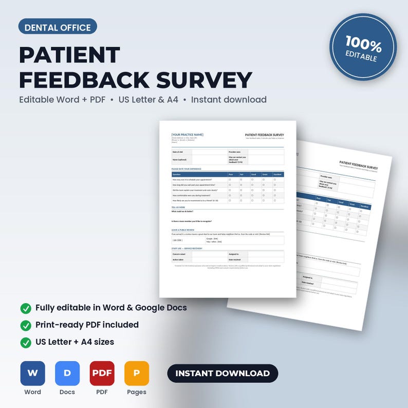 K&ouml;nnte beinhalten: Eine digitale Vorlage f&uuml;r einen Patienten-Feedback-Fragebogen f&uuml;r Zahnarztpraxen. Das Dokument enth&auml;lt Abschnitte f&uuml;r Datum, Behandlungsname und eine Bewertungsskala f&uuml;r die Patientenerfahrung. A4-Format, bearbeitbar in Word und PDF.