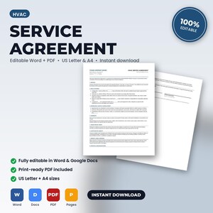Może przedstawiać: Szablon umowy serwisowej HVAC z czarnym tekstem na białym papierze. Dokument zawiera sekcje dotyczące usług, opłat, płatności, gwarancji i odpowiedzialności. Jest dostępny jako edytowalny plik cyfrowy w formatach Word i PDF.