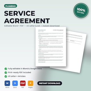 May include: A digital plumbing service agreement template featuring black text on white paper. The document includes sections for services, fees, payment, scheduling, and liability. Icons for Word, Docs, PDF, and Pages are displayed below.