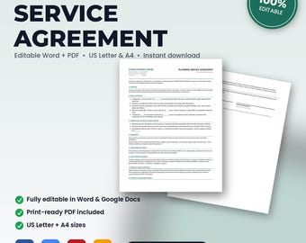 Plumbing Service Agreement & Terms of Service | Editable Word + PDF | US Letter + A4 | Instant Download