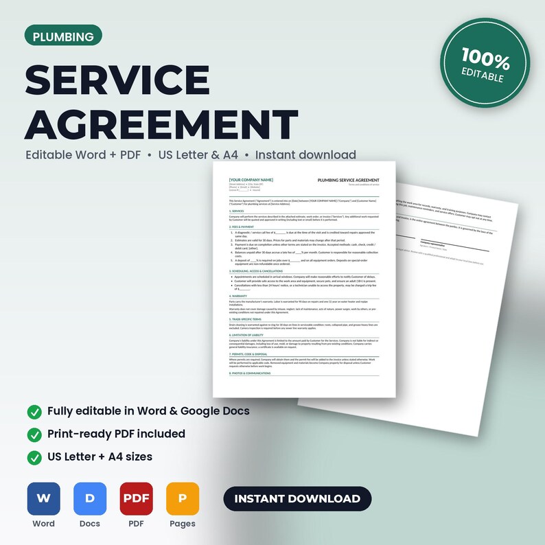 May include: A digital plumbing service agreement template featuring black text on white paper. The document includes sections for services, fees, payment, scheduling, and liability. Icons for Word, Docs, PDF, and Pages are displayed below.