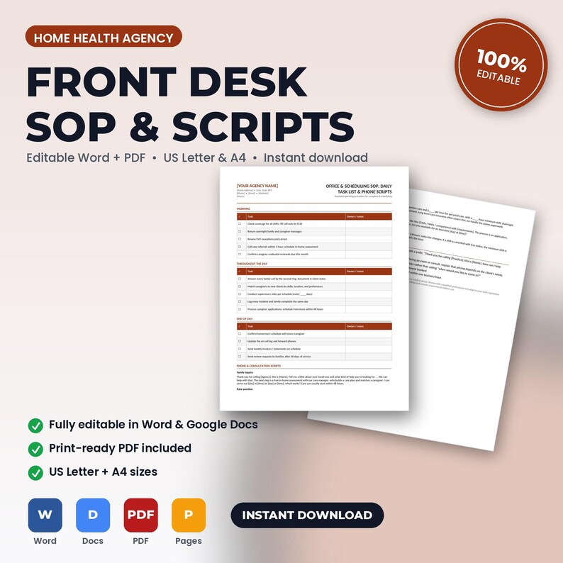 Home Health Agency Front Desk SOP, Daily Task List & Phone Scripts | Editable Word + PDF | US Letter + A4 | Instant Download Bild 1