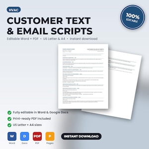 May include: A digital document template titled HVAC CUSTOMER TEXT & EMAIL SCRIPTS featuring editable text for business follow-ups. The layout includes sections for appointment confirmation, service reminders, and review requests in US Letter and A4 sizes.
