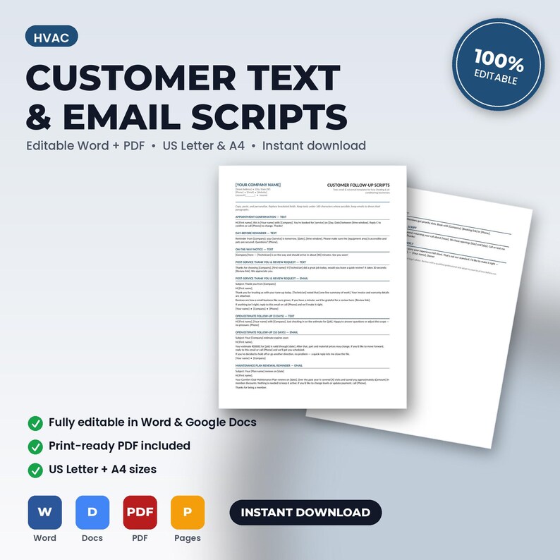 May include: A digital document template titled HVAC CUSTOMER TEXT & EMAIL SCRIPTS featuring editable text for business follow-ups. The layout includes sections for appointment confirmation, service reminders, and review requests in US Letter and A4 sizes.