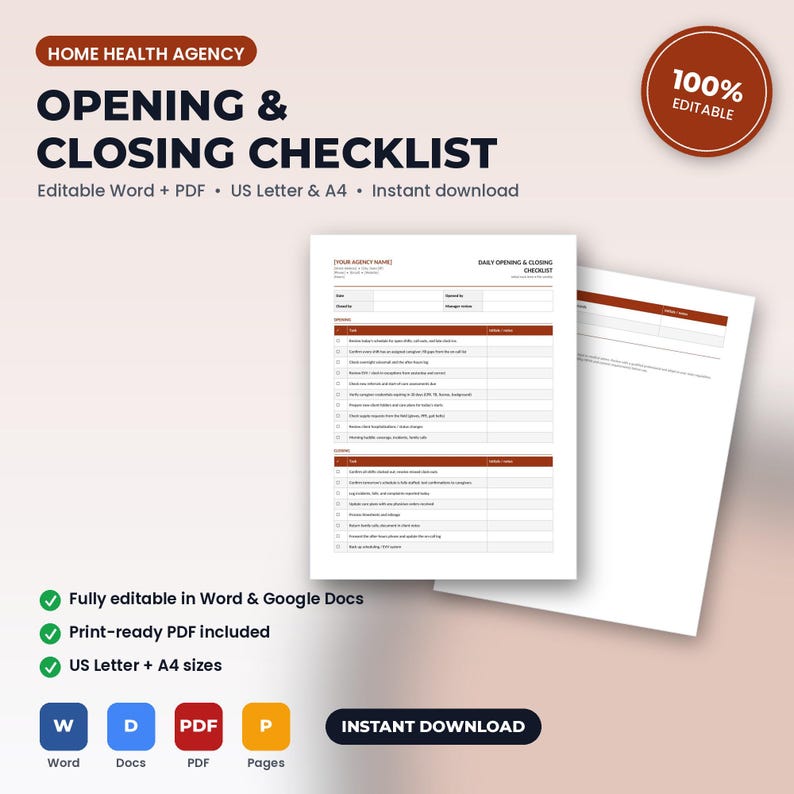 Home Health Agency Daily Opening & Closing Checklist | Editable Word + PDF | US Letter + A4 | Instant Download bild 1