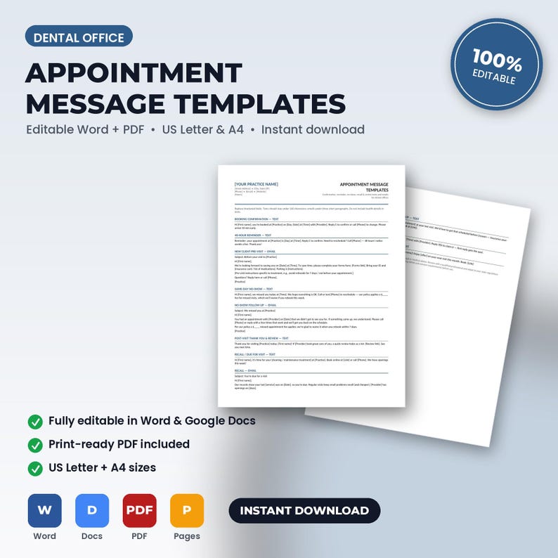 May include: A digital document set titled Dental Office Appointment Message Templates featuring editable text for patient communication. The layout includes sections for booking confirmations, reminders, and follow-ups, presented in a clean, professional format.