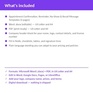 May include: A digital document listing features including appointment confirmation, reminder, no-show, and recall message templates in Word and PDF formats. It includes company header blocks, fill-in fields, checklists, and tables for US Letter and A4.