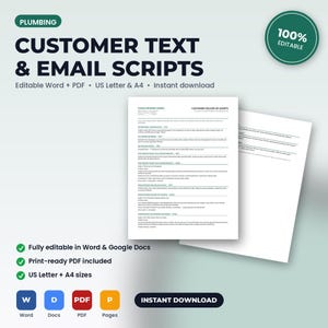 Pu&ograve; includere: Un set di documenti digitali intitolato Plumbing Customer Text & Email Scripts con modelli modificabili in formato Word e PDF. Le pagine includono script di follow-up professionali per appuntamenti, promemoria di servizio e richieste di recensioni.