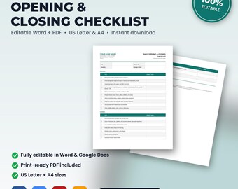 Lista de verificación diaria de apertura y cierre de la clínica de hidratación intravenosa / Word editable + PDF / Tamaño carta estadounidense + A4 / Descarga instantánea