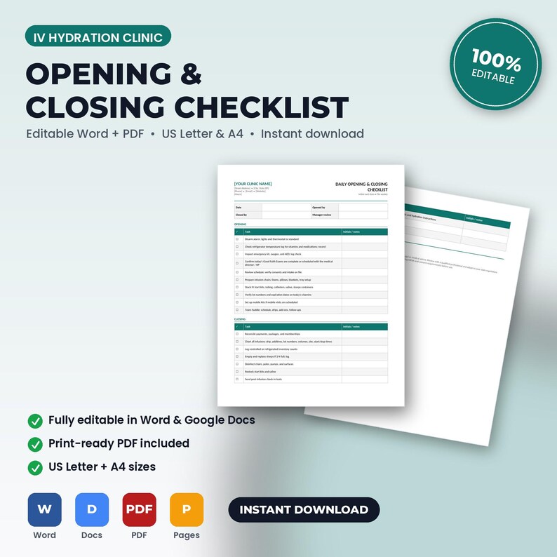 May include: An IV Hydration Clinic opening and closing checklist document template. The white paper features dark teal headers, organized task rows, and columns for date, staff, and manager initials. Includes editable Word and PDF formats.
