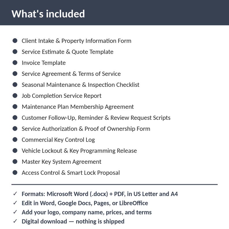 Locksmith Complete Business Forms Kit | 13 Editable Templates: Authorization, Invoice, Agreement, Key Log + More | Word + PDF zdjęcie 2