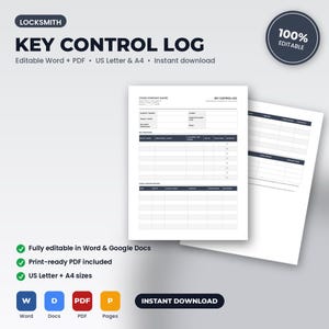 Locksmith Commercial Key Control Log | Editable Word + PDF | US Letter + A4 | Instant Download