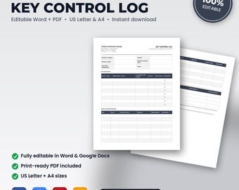 Locksmith Commercial Key Control Log | Editable Word + PDF | US Letter + A4 | Instant Download
