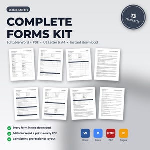 Locksmith Complete Business Forms Kit | 13 Editable Templates: Authorization, Invoice, Agreement, Key Log + More | Word + PDF zdjęcie 1