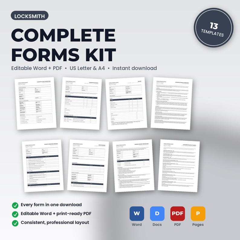 Locksmith Complete Business Forms Kit | 13 Editable Templates: Authorization, Invoice, Agreement, Key Log + More | Word + PDF zdjęcie 1