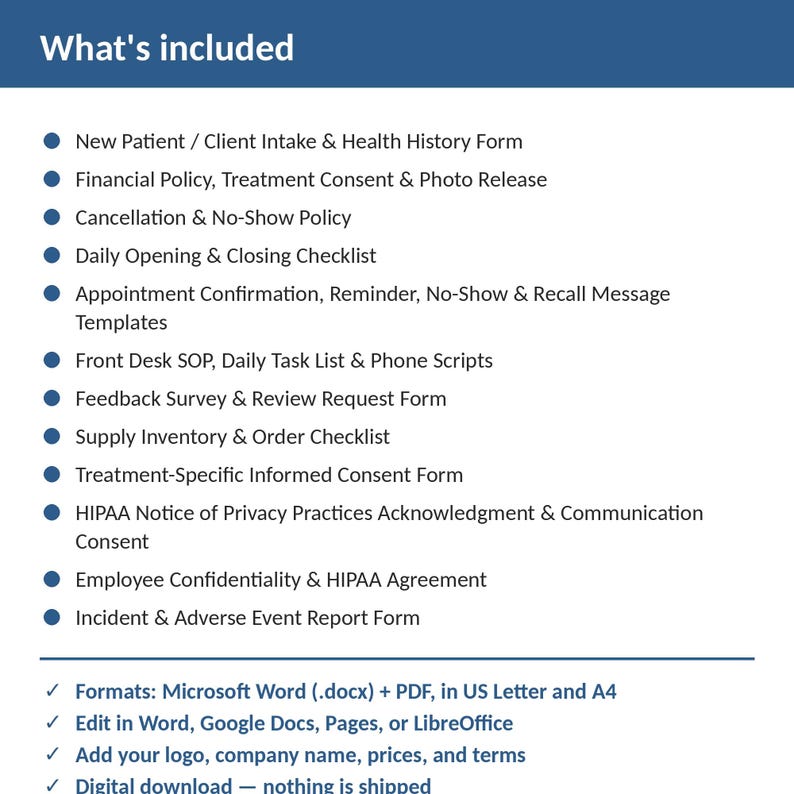 Dental Office Complete Practice Kit | 12 Editable Forms: Intake, Consents, HIPAA, Policies, Checklists, Scripts | Word + PDF imagem 2